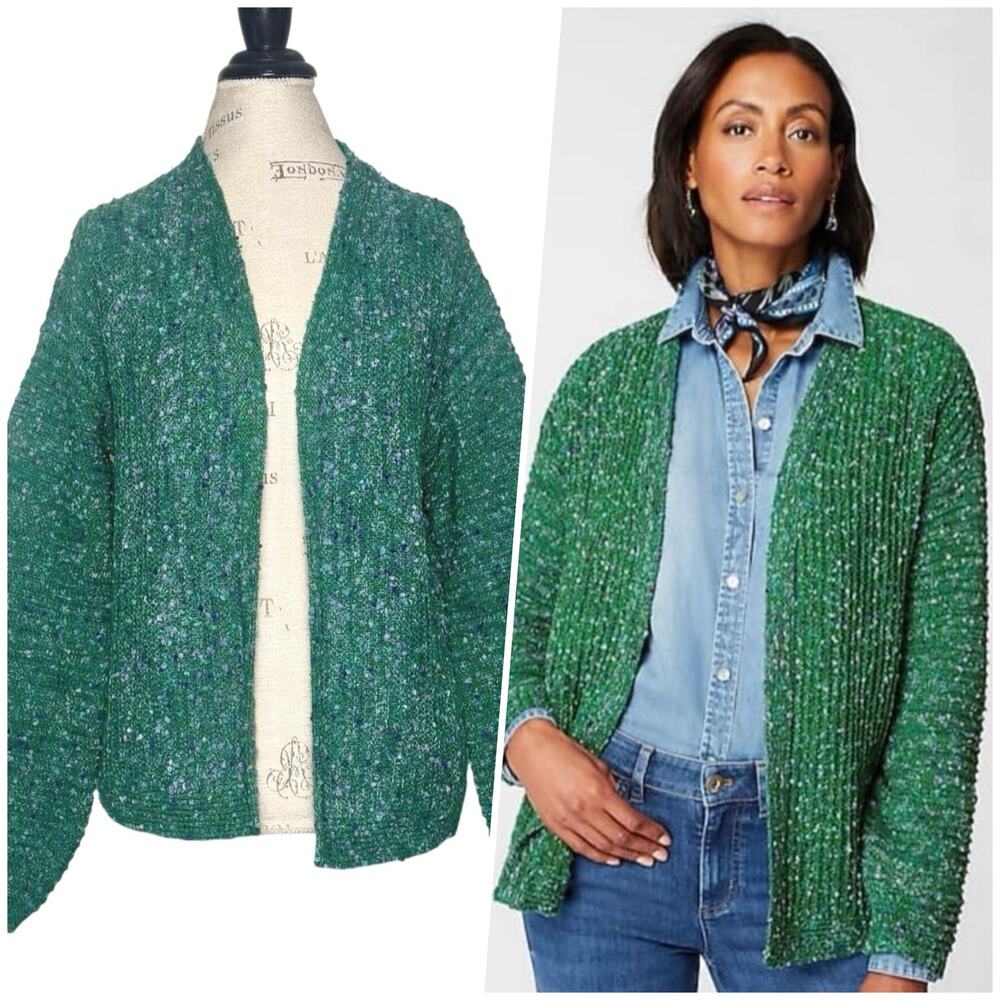 J. Jill | Women | Green Speckled Boucle Ribbed Knit Open Front Cardigan | Medium